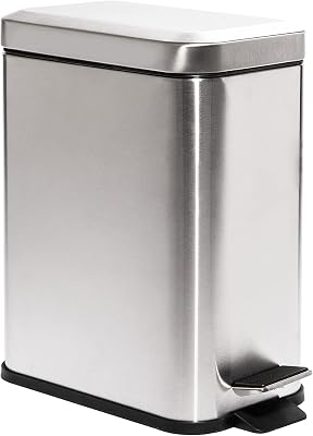 BINO | Rectangular Step Trash Can | 1.3 Gallon/5 Liter Stainless Steel Trash Can with Lid | Home or Office Bathroom Trash Cans with Lids | Kitchen Garbage Can with Non-Slip Stepper | Brushed Steel