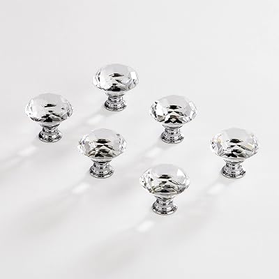 BINO 6-Pack Crystal Drawer Knobs - 1.25" Diameter (32mm), Chrome - Dresser Knobs for Dresser Drawers Crystal Knobs and Pulls Handles