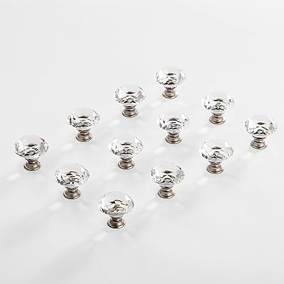BINO 12-Pack Crystal Cabinet Knobs Drawer Pull Handles - 1.25" Diameter (32mm), Satin Nickel - Dresser Knobs for Dresser Drawers Crystal Knobs and Pulls Handles