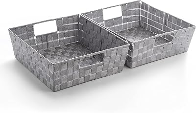BINO Woven Strap Storage Basket With Built-In Carry Handles | Stylish Storage Organizer | Decorative Home Storage | Neat And Tidy Organizer, Home Essentials (Medium - Light Grey, 2-Pack)