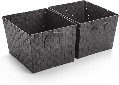 BINO Woven Strap Storage Basket With Built-In Carry Handles | Stylish Storage Organizer | Decorative Home Storage | Neat And Tidy Organizer, Home Essentials (XLarge- Dark Grey. 2-Pack)