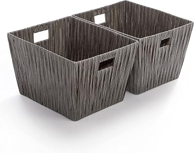 BINO 2 Pack Woven Resin Basket Organizer - Shelf Organizer with Built-in Carry Handles, Medium - Dark Grey