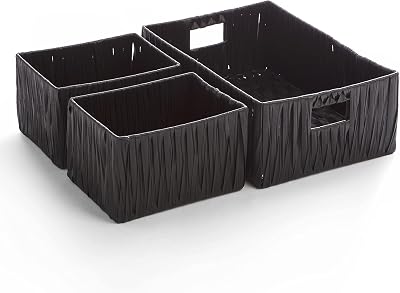 BINO 3 Pack Woven Resin Basket Organizer - Shelf Organizer with Built-in Carry Handles (Black)