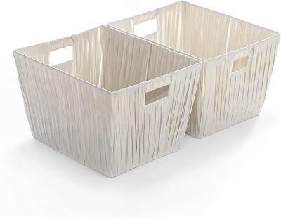 BINO 2 Pack Woven Resin Basket Organizer - Shelf Organizer with Built-in Carry Handles (White, 2PK - M)