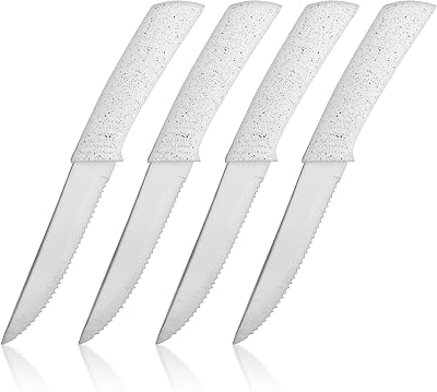 BINO 4-Piece Stainless Steel Steak Knife Set - Speckled White | Small Knives | Sharp Knife Set | Meat Knife Set | Kitchen Dinner Knives | Cutting Knives | Non-Stick & Rust-Resistant Dinner Knives