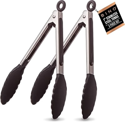 BINO 2-Piece Silicone Tipped Stainless Steel Tongs Set - Black | Locking Tongs | Kitchen Utensil & Tool for Cooking & Serving | Nonstick Cookware | Heat-resistant Silicone Tongs | 7 + 7 Inches
