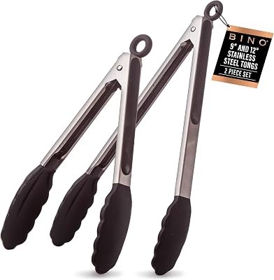 BINO 2-Piece Silicone Tipped Stainless Steel Tongs Set - Black | Locking Tongs | Kitchen Utensil & Tool for Cooking & Serving | Nonstick Cookware | Heat-resistant Silicone Tongs | 9 + 12 Inches